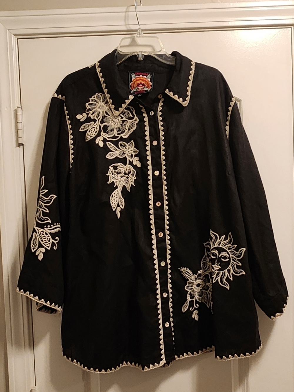 Johnny Was Addison Kimono Shirt Linen White Floral Embroidery Black Top Sz 1X